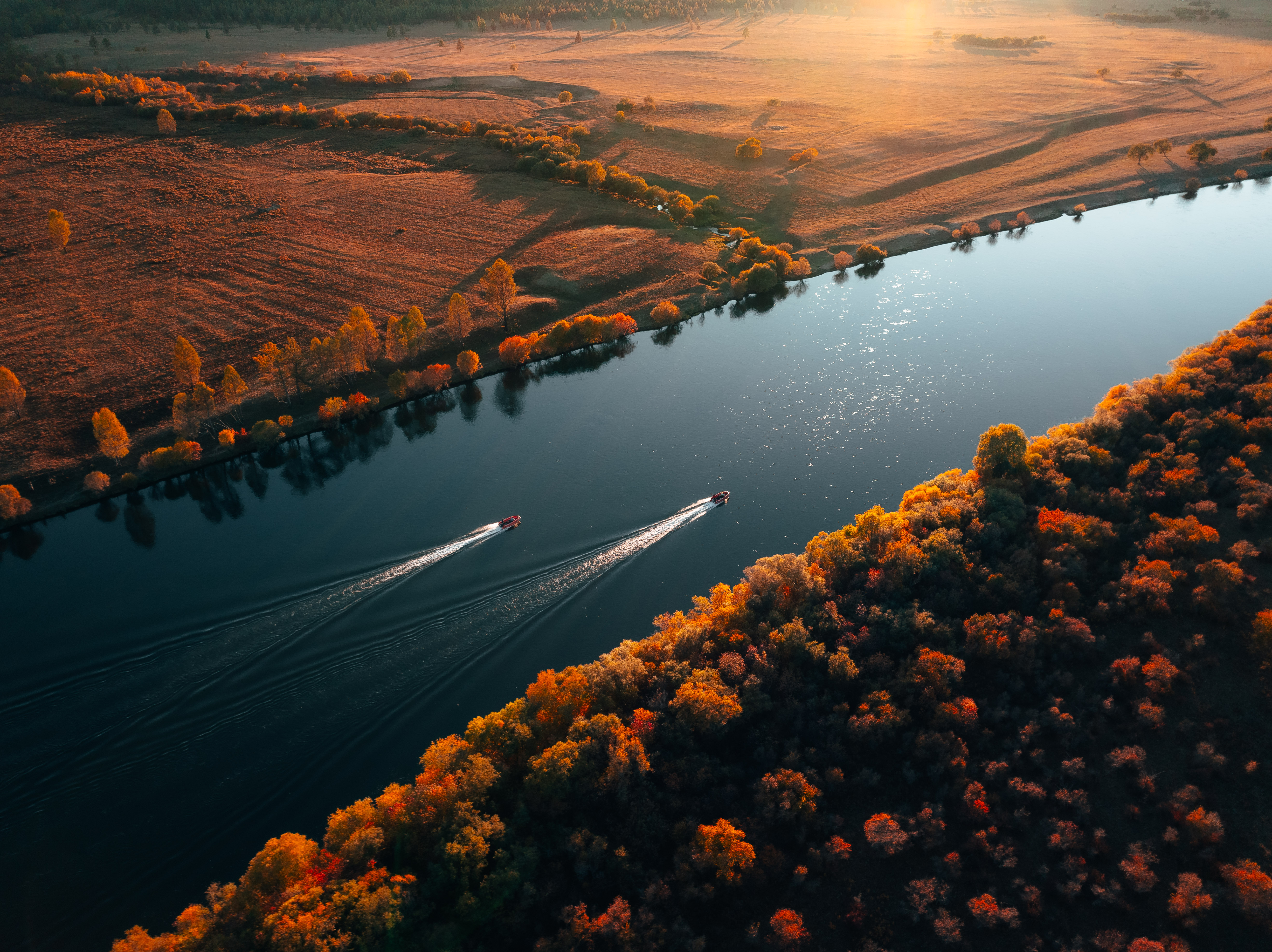 Two boats travelling along a river bordered by golden autumn trees in warm evening light